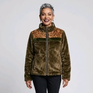 Women's Olive Green Faux Fur Jacket with Leopard Print